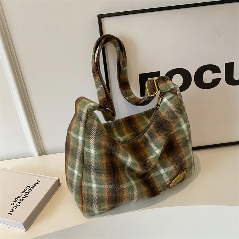 Women Woolen Plaid Shoulder Bag 2023 New Autumn Winter - Image 5