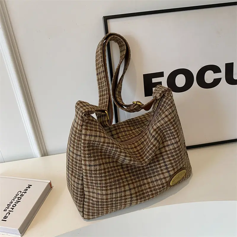 Women Woolen Plaid Shoulder Bag 2023 New Autumn Winter - Image 6