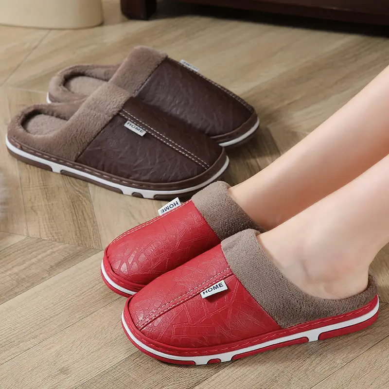 Autumn and Winter Couple Slippers for Women, Non-Slip, Anti-Odor, Indoor and Outdoor Home Fleece-Lined Thick-Soled Confinement Pu Leather Cotton Slippers