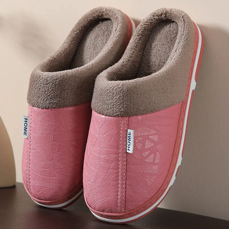 Autumn and Winter Couple Slippers for Women, Non-Slip, Anti-Odor, Indoor and Outdoor Home Fleece-Lined Thick-Soled Confinement Pu Leather Cotton Slippers