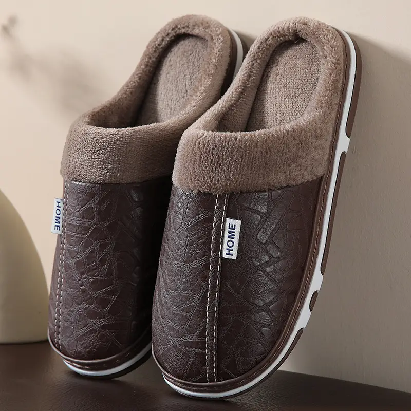 Autumn and Winter Couple Slippers for Women, Non-Slip, Anti-Odor, Indoor and Outdoor Home Fleece-Lined Thick-Soled Confinement Pu Leather Cotton Slippers