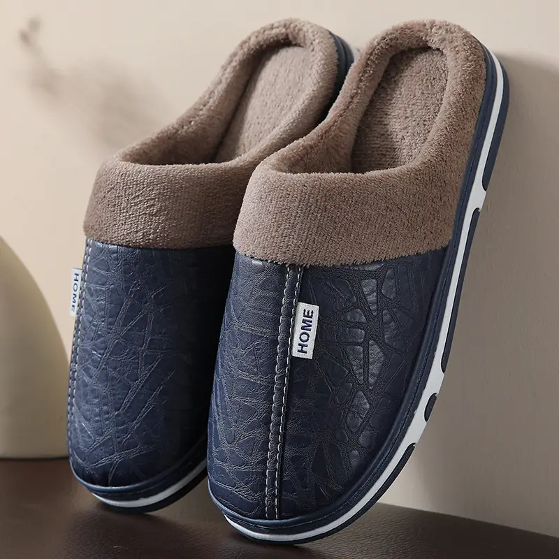 Autumn and Winter Couple Slippers for Women, Non-Slip, Anti-Odor, Indoor and Outdoor Home Fleece-Lined Thick-Soled Confinement Pu Leather Cotton Slippers