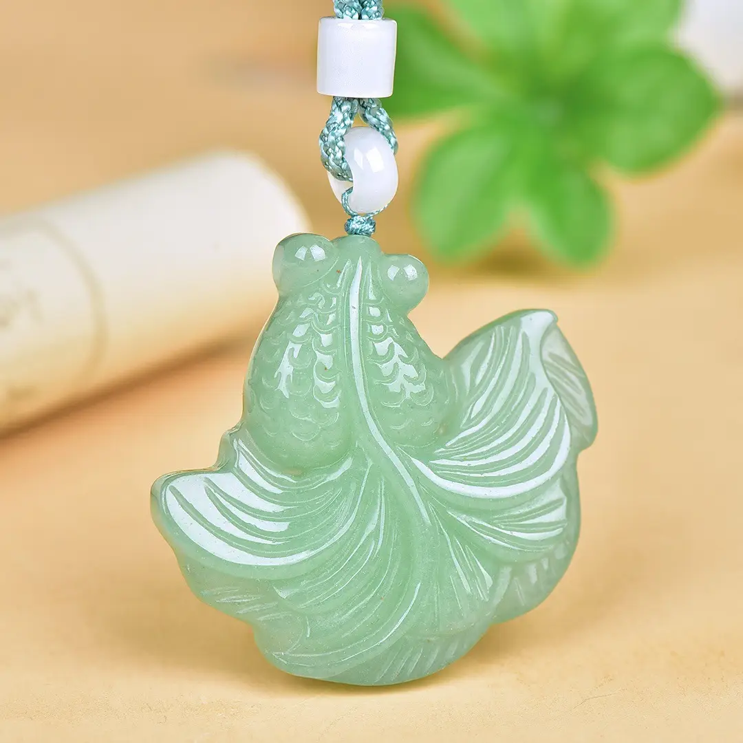 Green Jade Leaf Pendant with Goldfish Design - Image 3