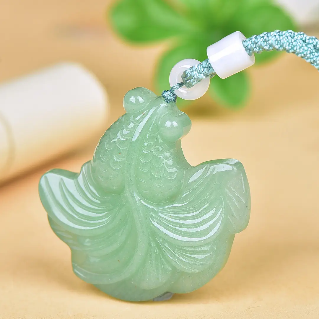 Green Jade Leaf Pendant with Goldfish Design - Image 4