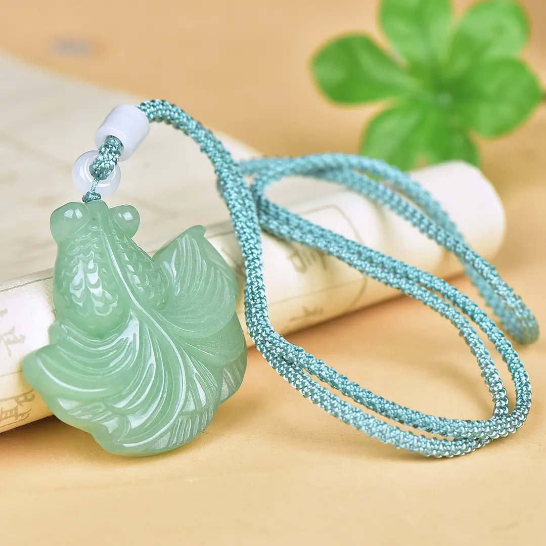 Green Jade Leaf Pendant with Goldfish Design - Image 5