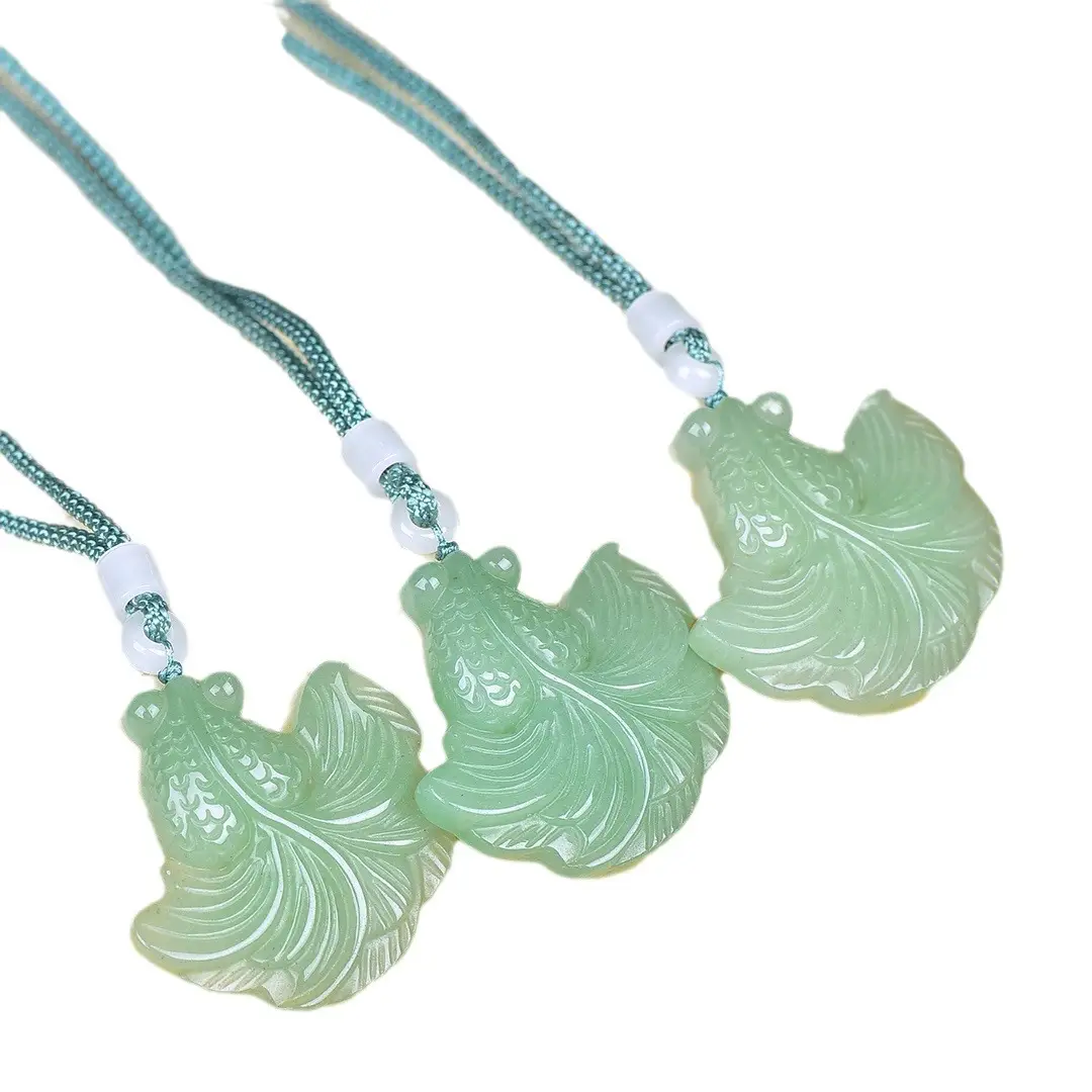 Green Jade Leaf Pendant with Goldfish Design - Image 6