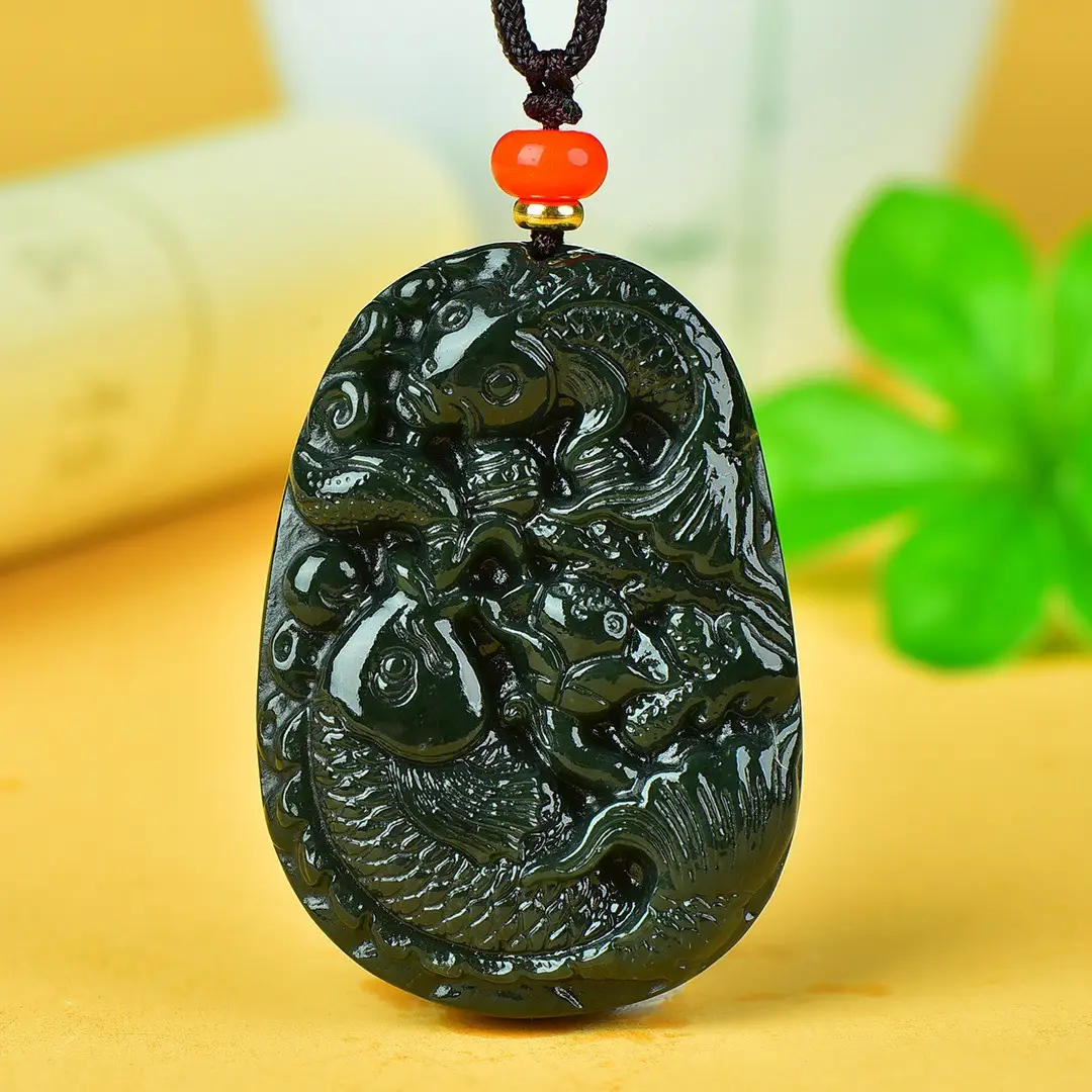 Jade Fish Pendant with Red Charm - Image 3