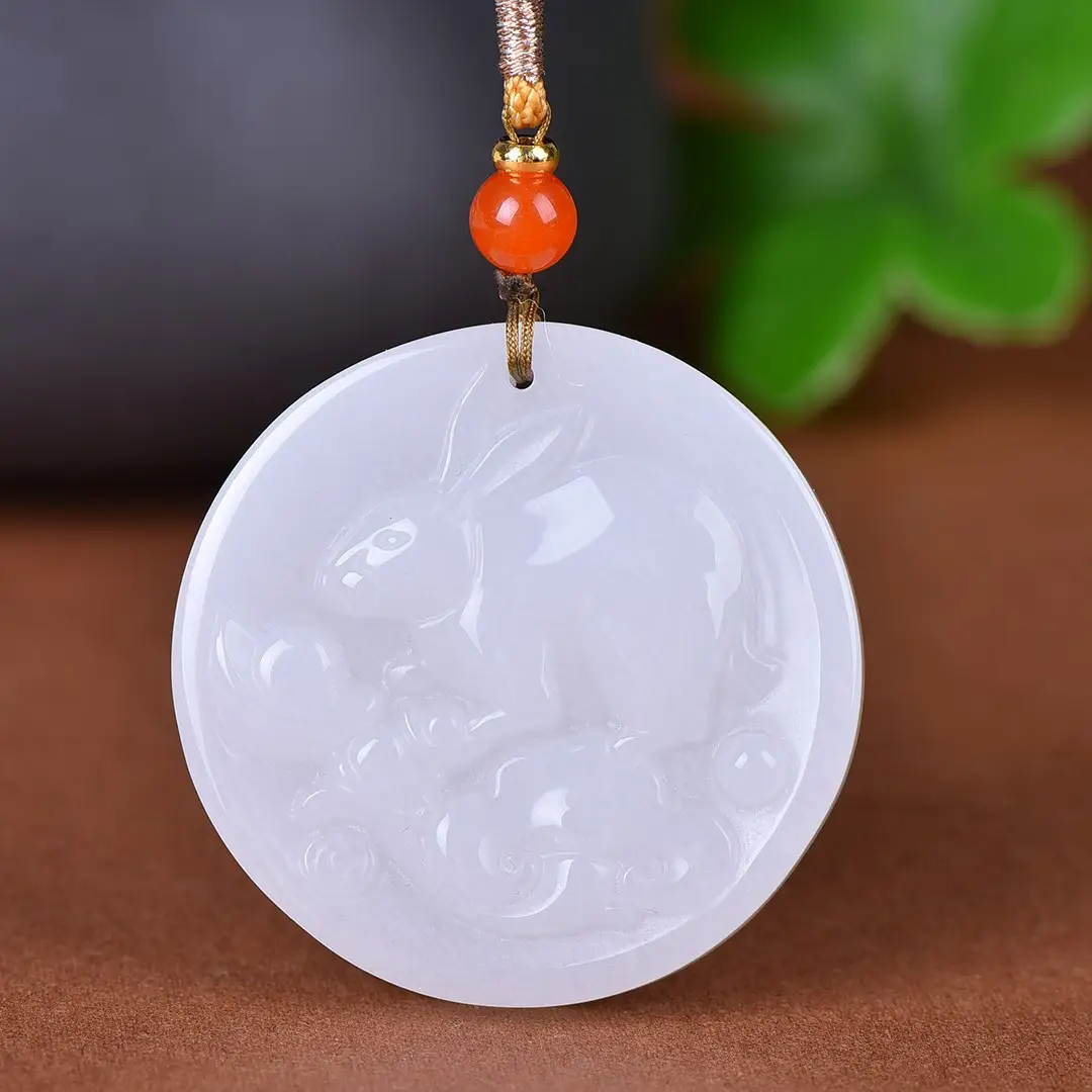 Golden Jade Jade Rabbit Pendant with Leaf Design - Image 3