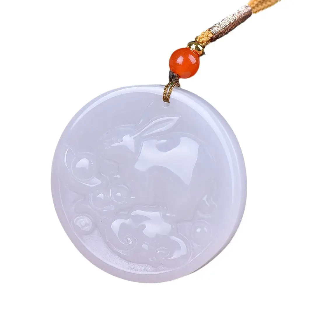 Golden Jade Jade Rabbit Pendant with Leaf Design - Image 5