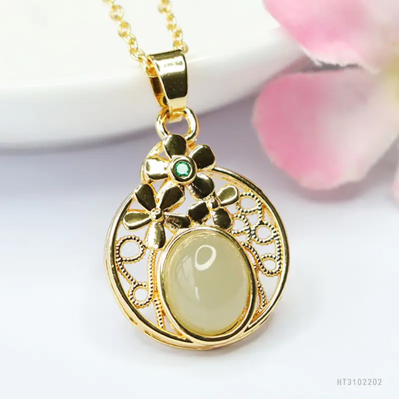 Guan Yu Hollow Flower Jade Necklace Gold - Image 3