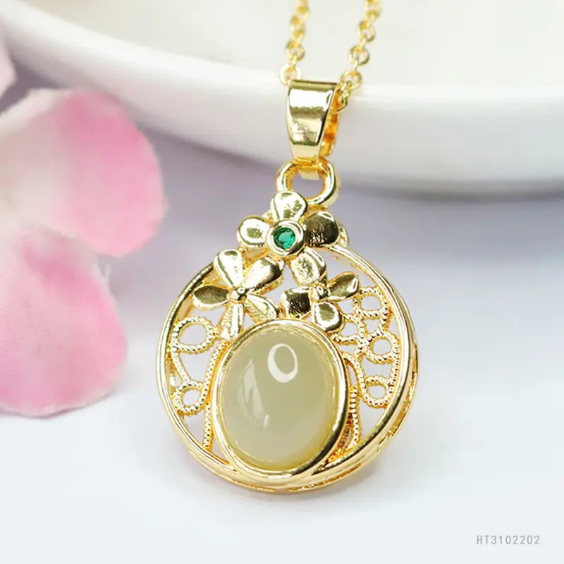 Guan Yu Hollow Flower Jade Necklace Gold - Image 4