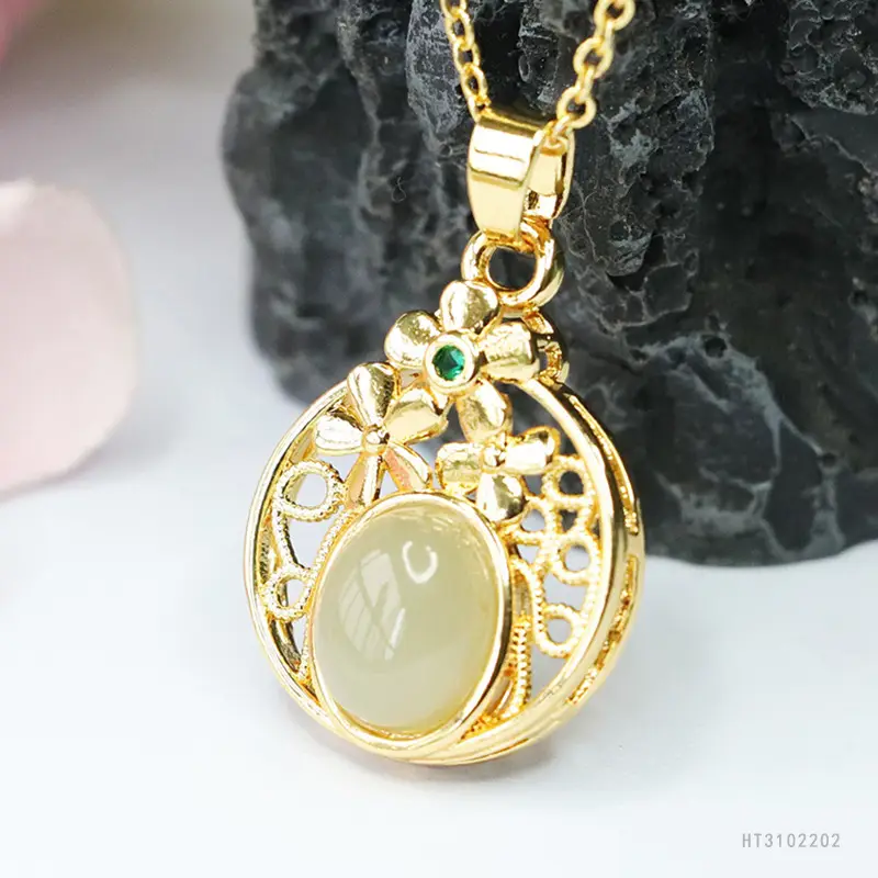 Guan Yu Hollow Flower Jade Necklace Gold - Image 5