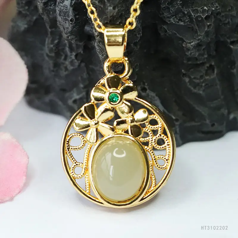 Guan Yu Hollow Flower Jade Necklace Gold — feature 7