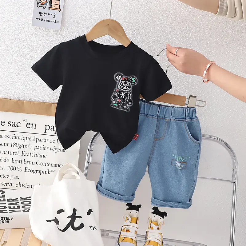 Girls Cotton Bear Print Shorts Set Summer Casual