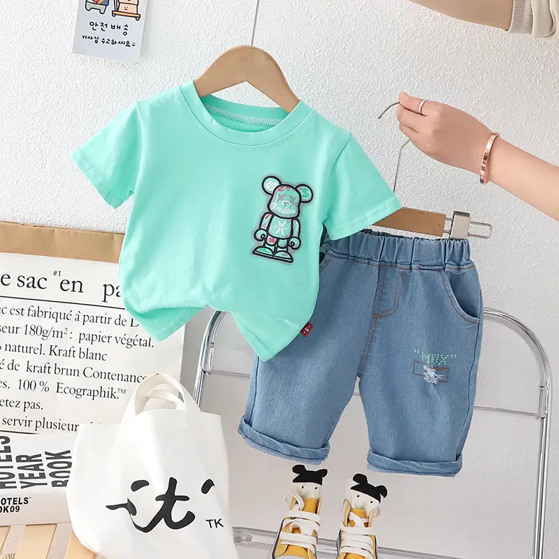 Girls Cotton Bear Print Shorts Set Summer Casual