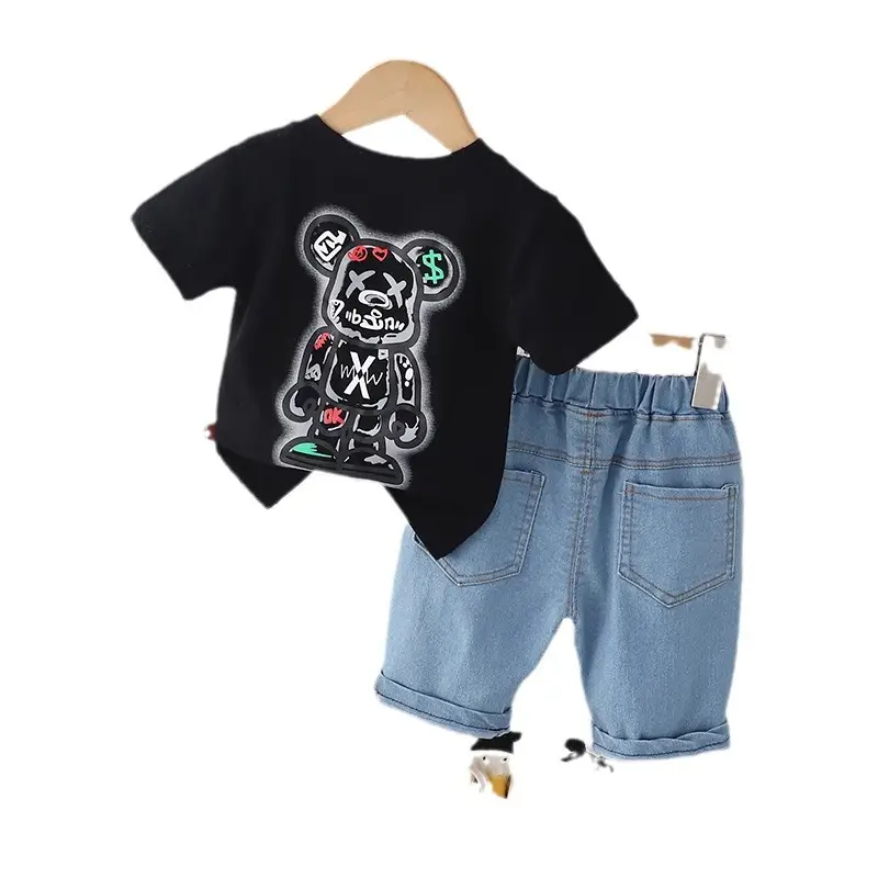 Girls Cotton Bear Print Shorts Set Summer Casual