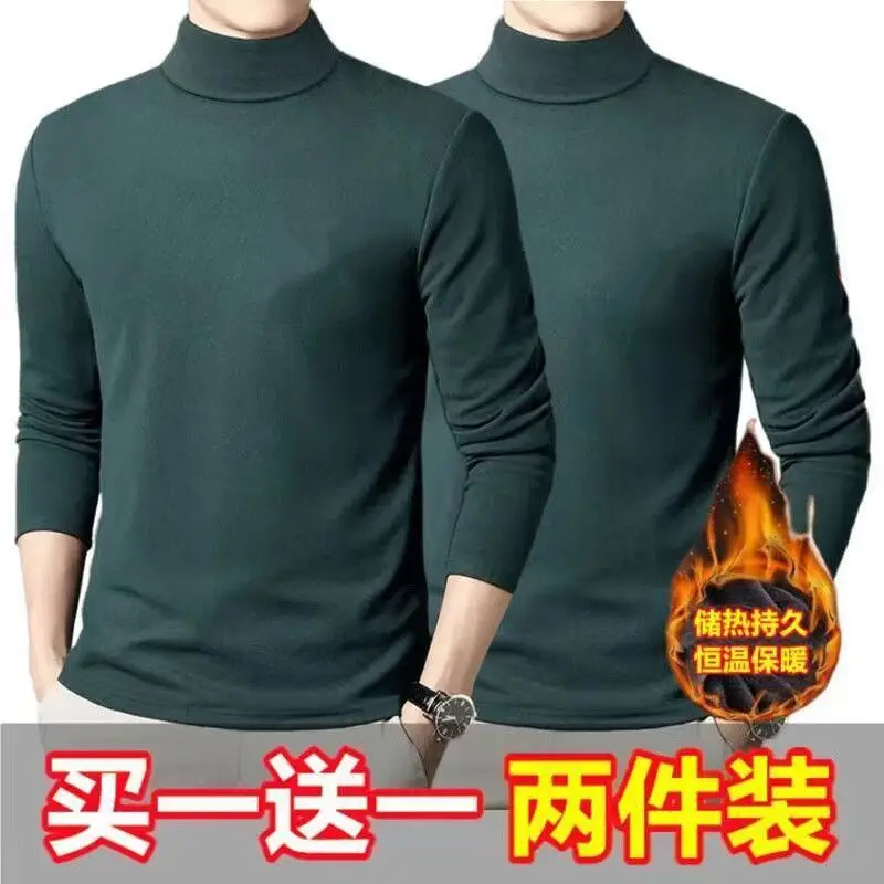 Men Fleece Turtleneck Warm Top Green Black - Image 3