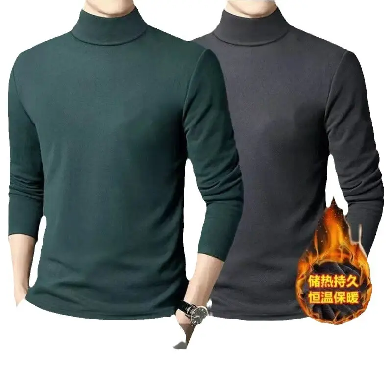 Men Fleece Turtleneck Warm Top Green Black - Image 14