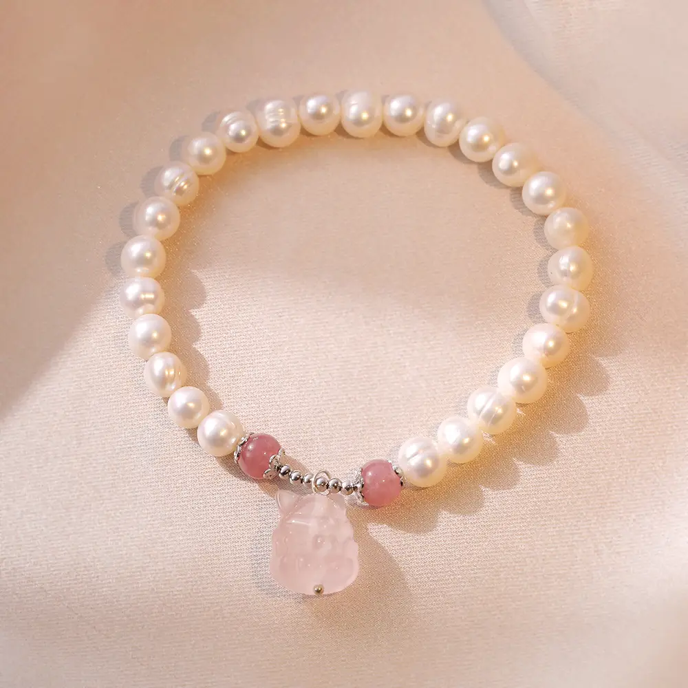 S925 Pearl Bracelet with Strawberry Crystal & Gold Swallowing Beast Design - Image 3