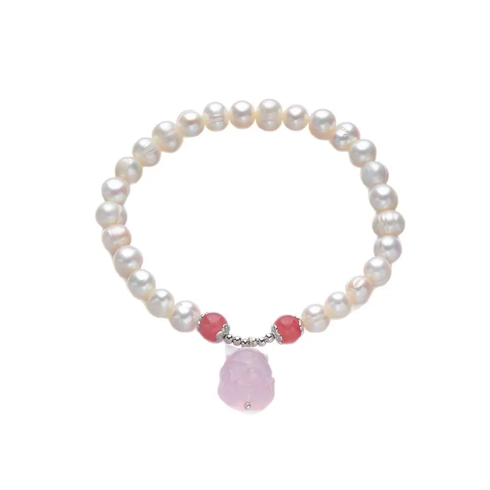 S925 Pearl Bracelet with Strawberry Crystal & Gold Swallowing Beast Design - Image 5