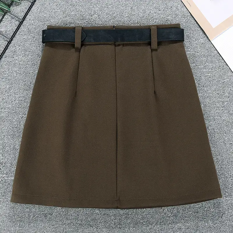 Black Korean Style Woolen Skirt with Belt - Image 3