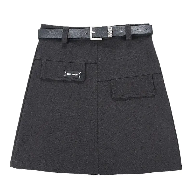 Black Korean Style Woolen Skirt with Belt - Image 6