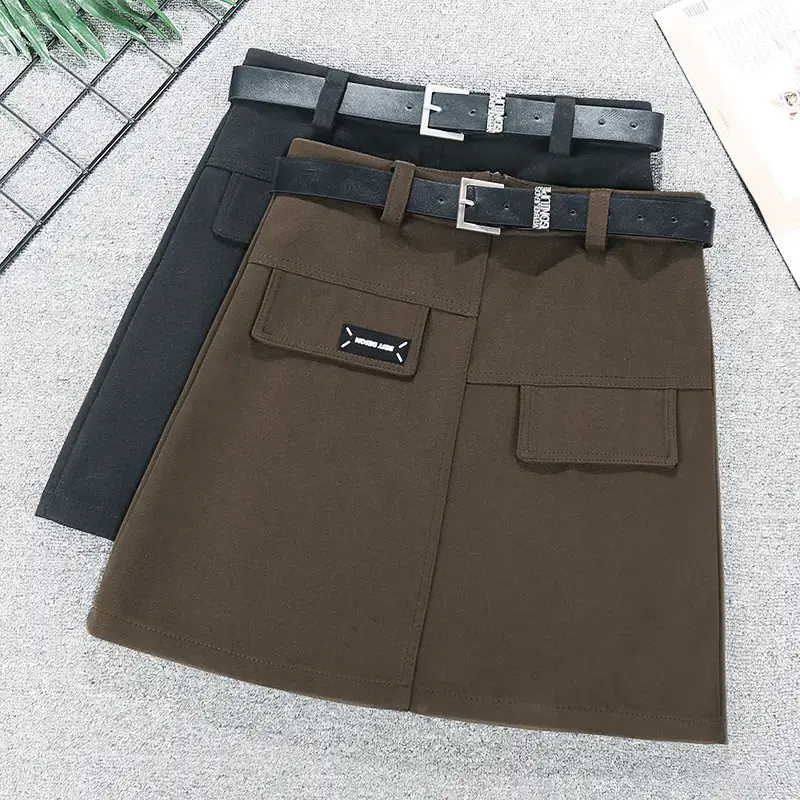 Black Korean Style Woolen Skirt with Belt — feature 1