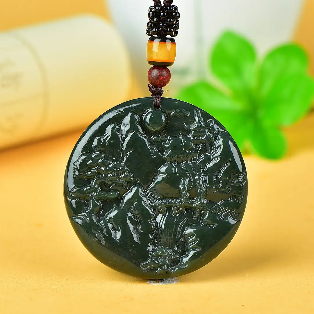 Hetian Jade Poetic Landscape Necklace with Red Beads - Image 3