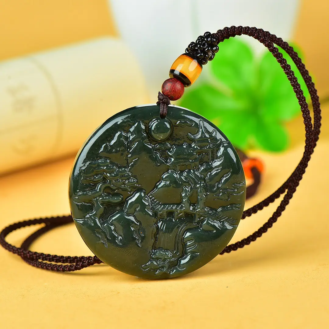 Hetian Jade Poetic Landscape Necklace with Red Beads - Image 4