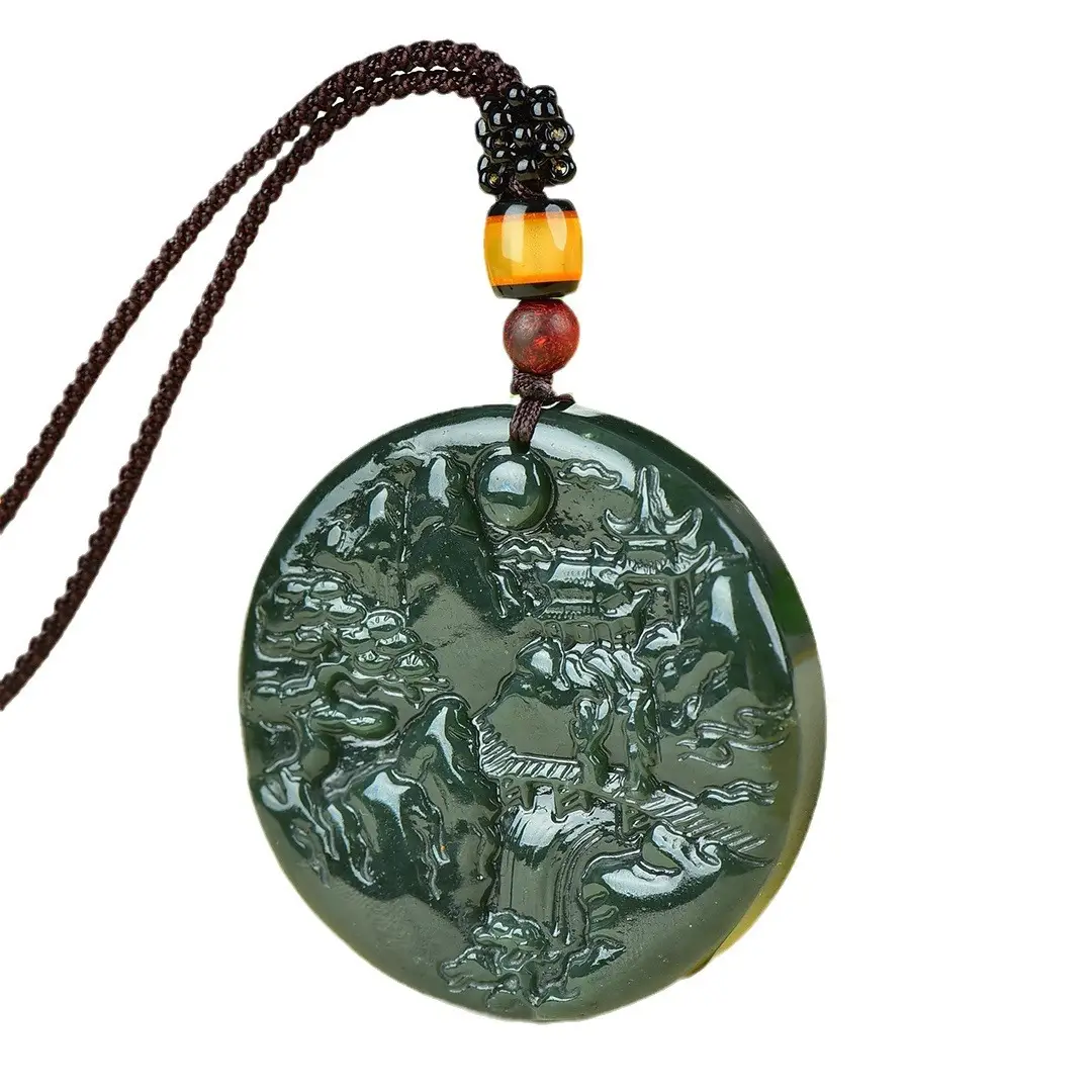 Hetian Jade Poetic Landscape Necklace with Red Beads - Image 5
