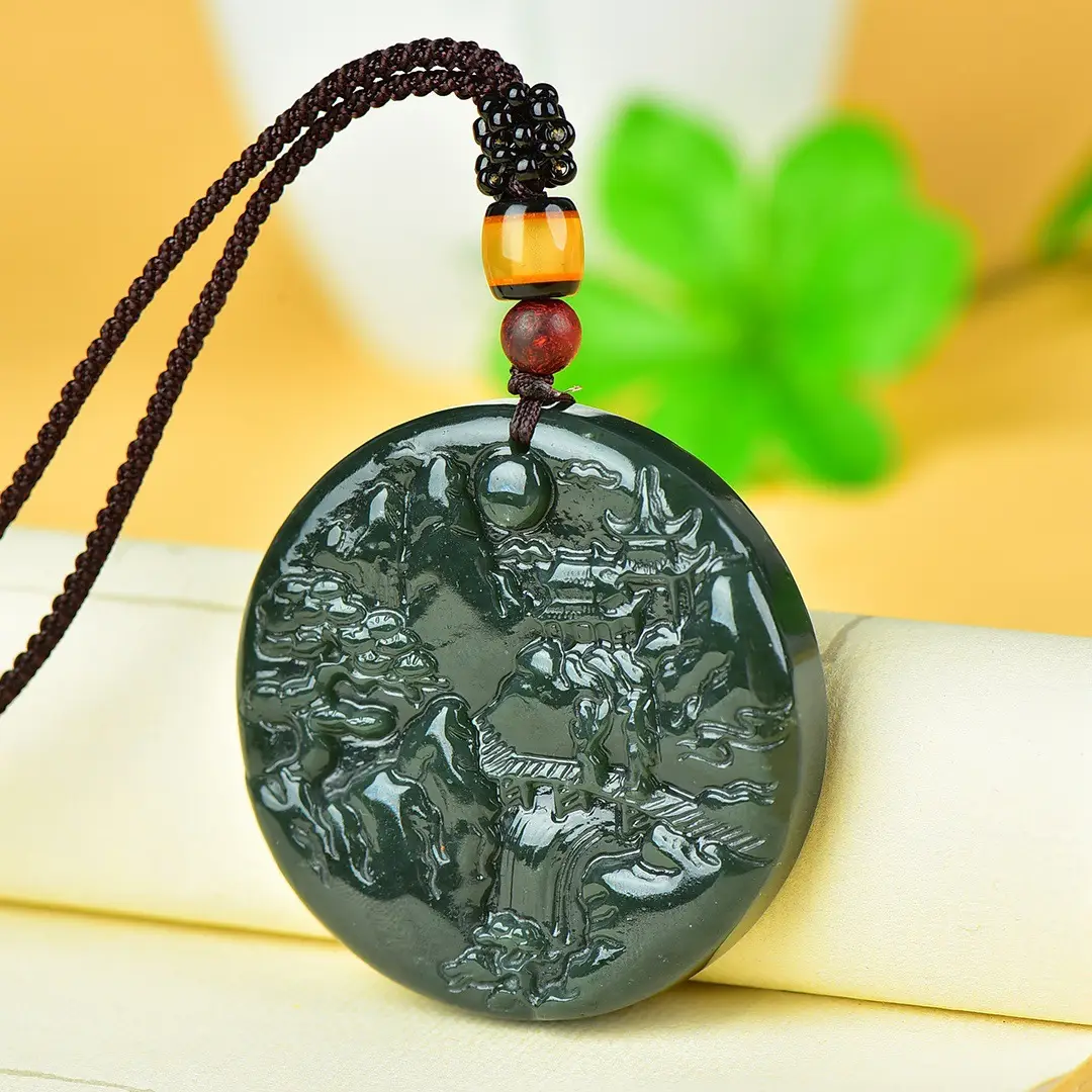 Hetian Jade Poetic Landscape Necklace with Red Beads — feature 7