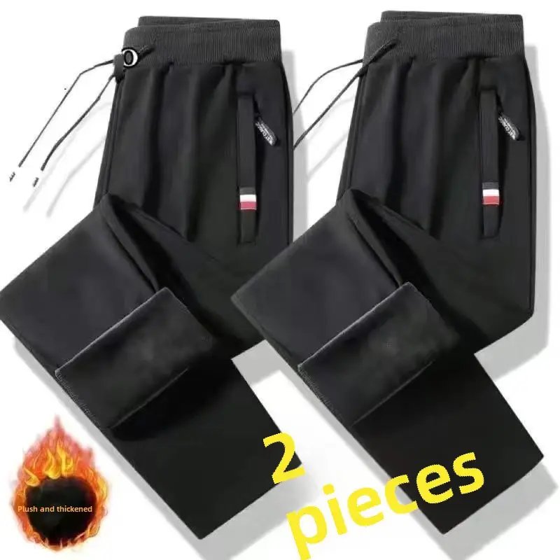 Men Fleece Lined Zipper Pants Black Gray 2 Pcs - Image 63