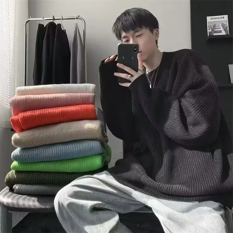 Men's Pink Waffle Knit Crewneck Sweater All Season — feature 13