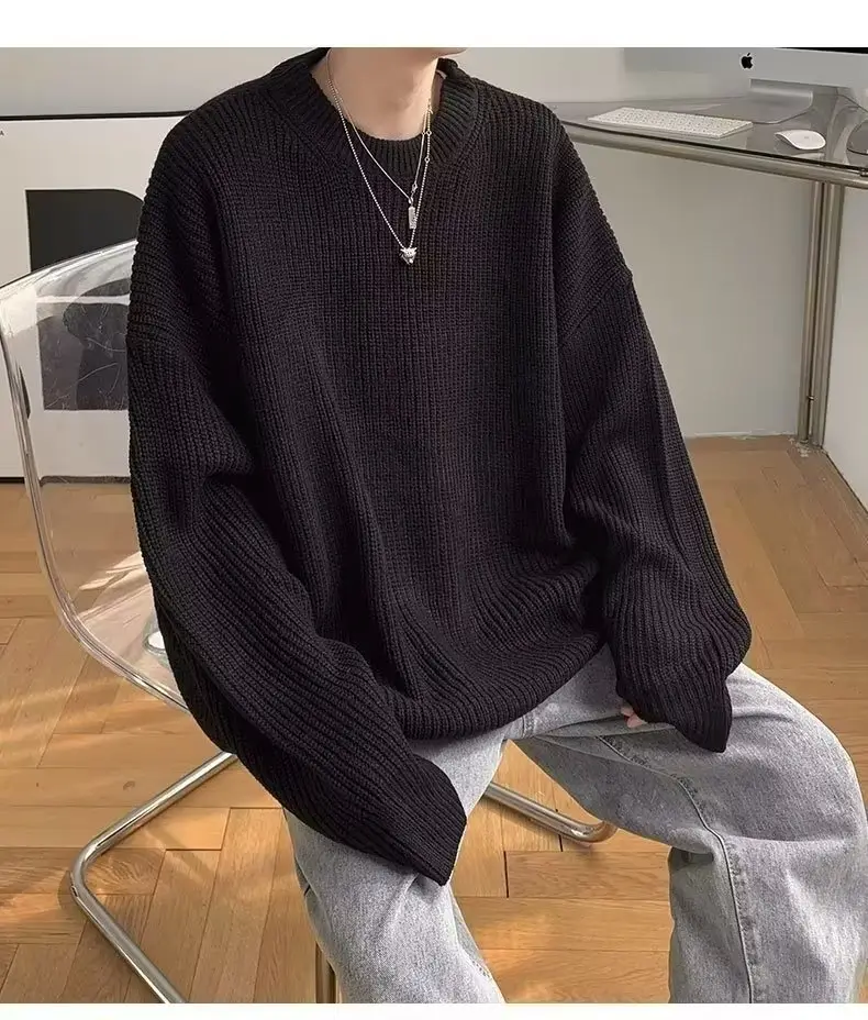 Men's Pink Waffle Knit Crewneck Sweater All Season — feature 14