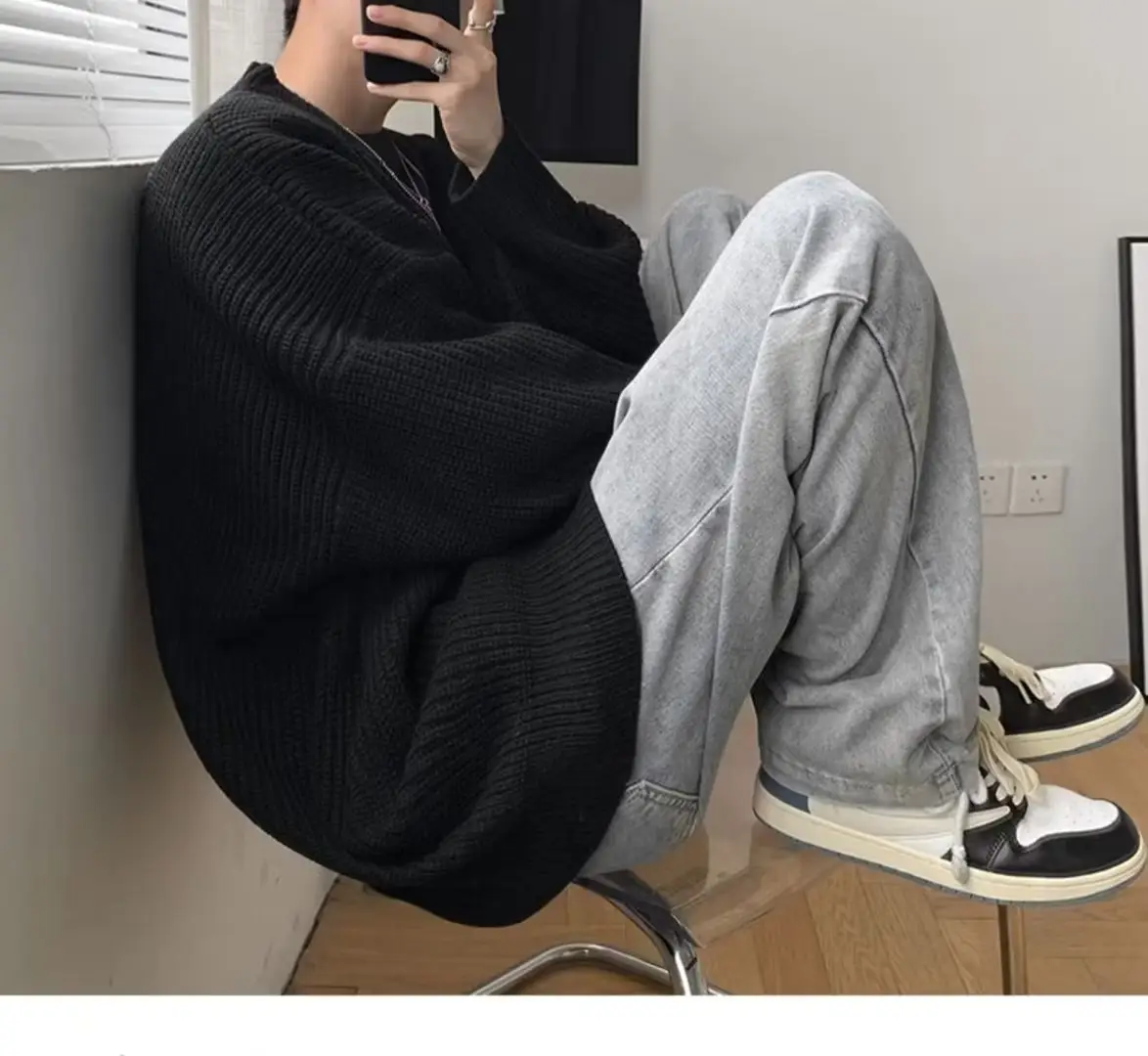 Men's Pink Waffle Knit Crewneck Sweater All Season — feature 15
