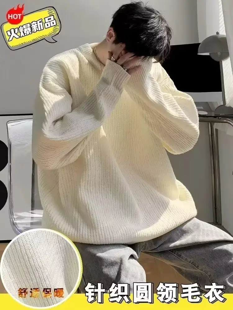 Men's Pink Waffle Knit Crewneck Sweater All Season — feature 2
