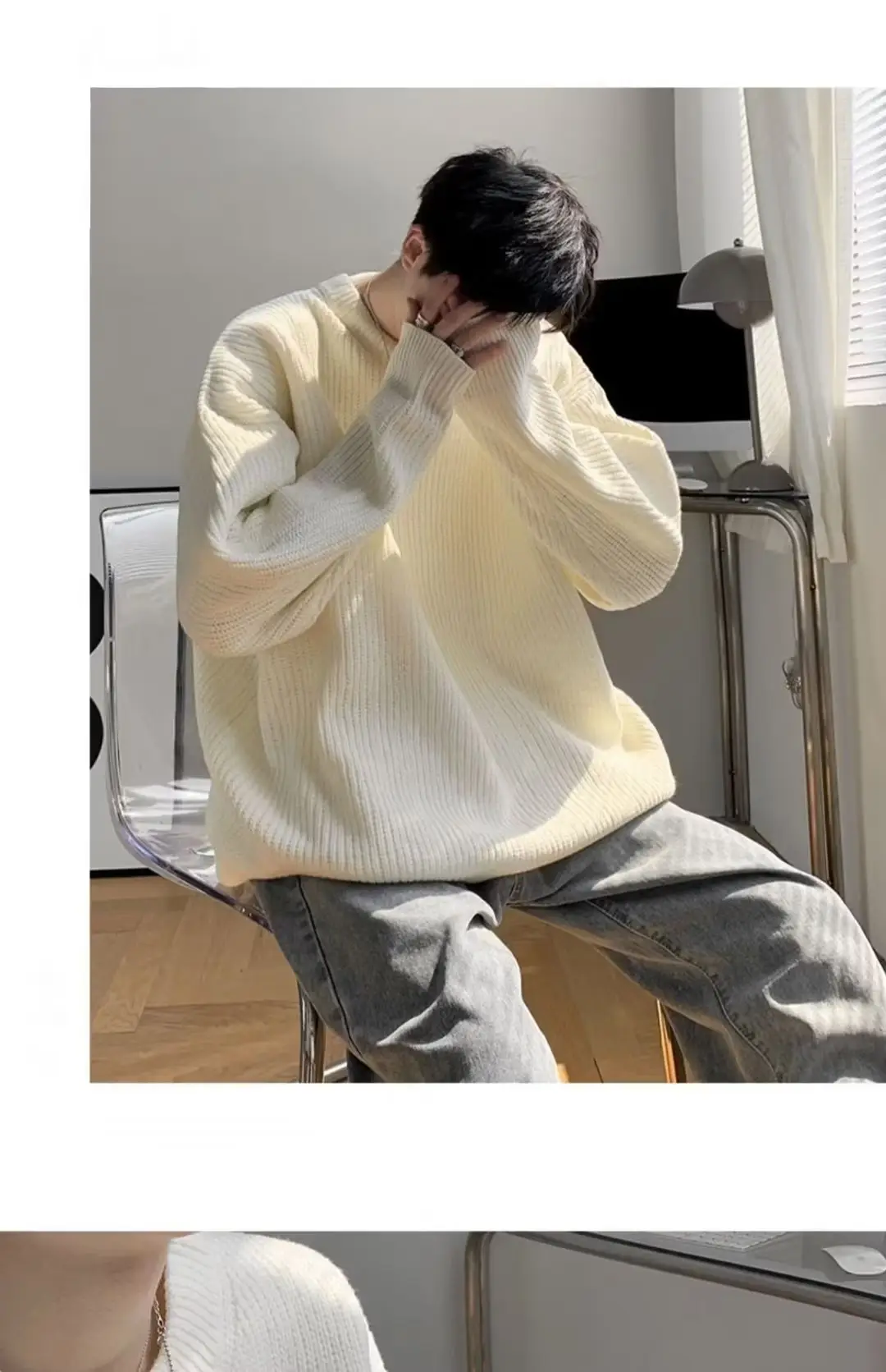Men's Pink Waffle Knit Crewneck Sweater All Season — feature 4