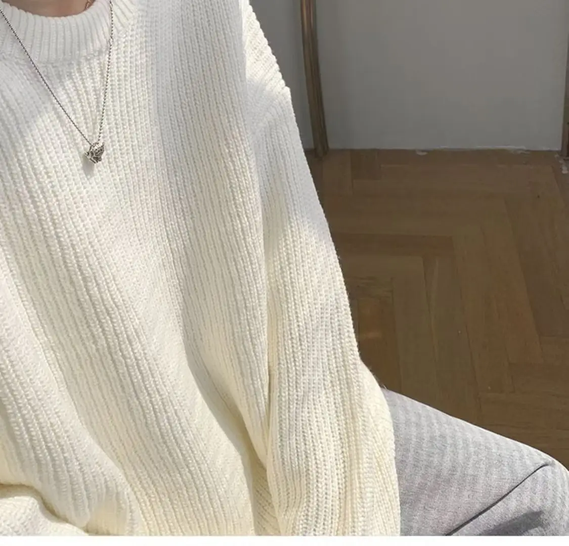 Men's Pink Waffle Knit Crewneck Sweater All Season — feature 5