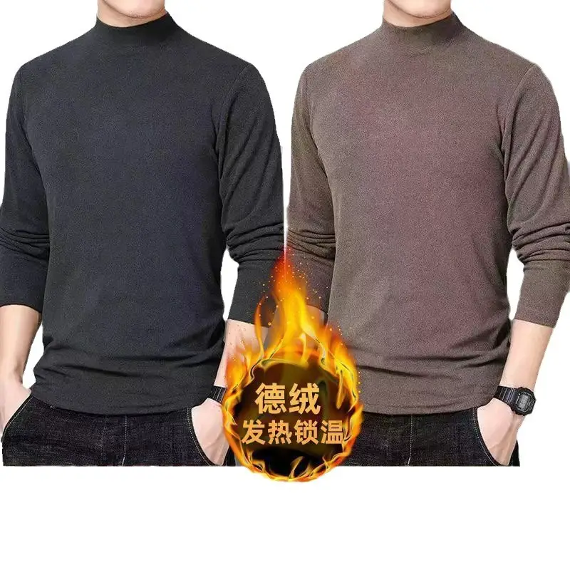 Men Half Turtleneck Velvet Warm T-Shirt Black - Image 18
