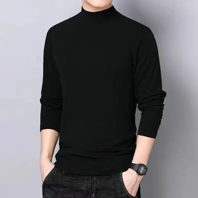 Men Half Turtleneck Velvet Warm T-Shirt Black - Image 11