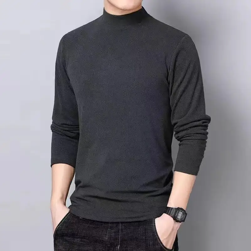 Men Half Turtleneck Velvet Warm T-Shirt Black - Image 12
