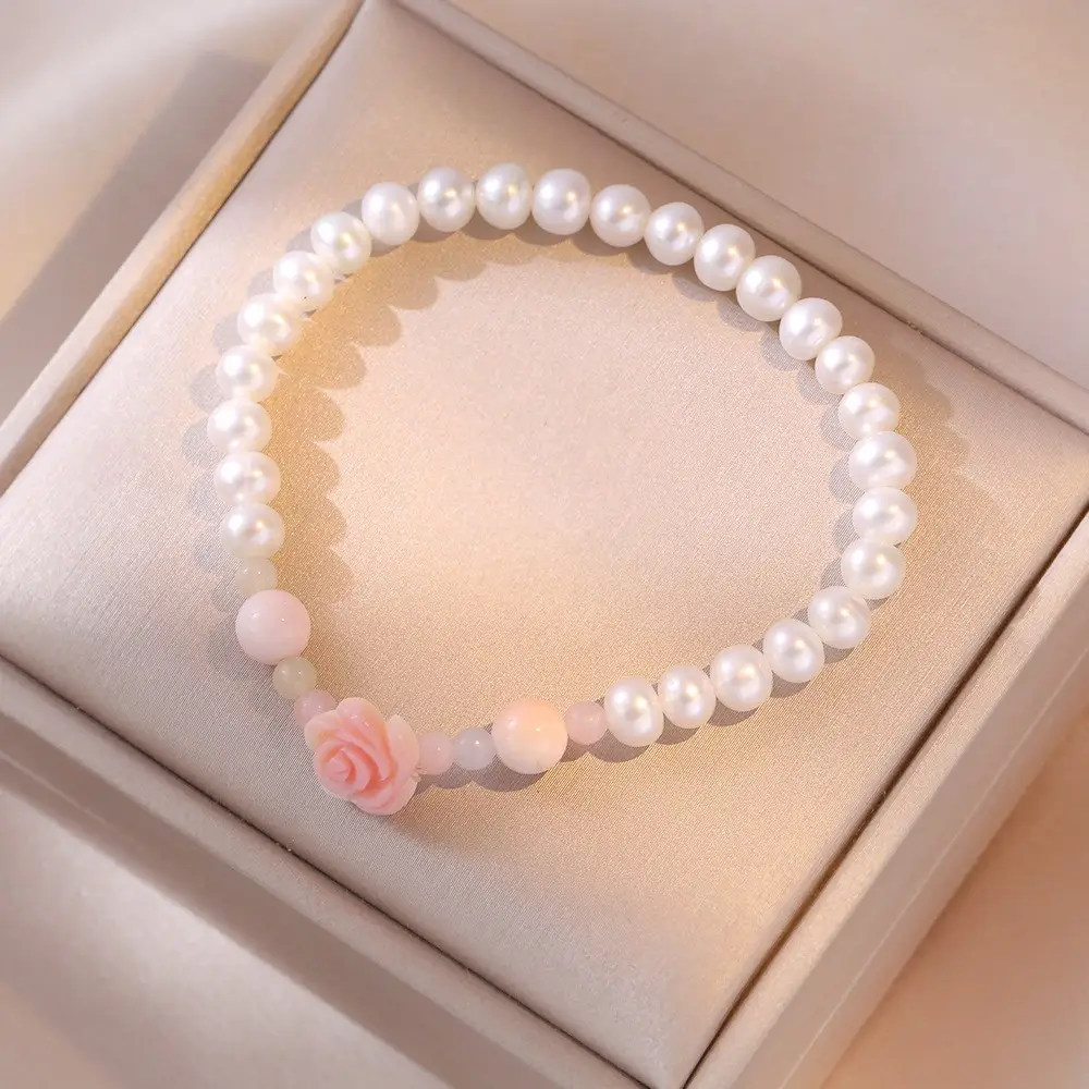 Pink Floral Pearl Bracelet for Women - Image 4