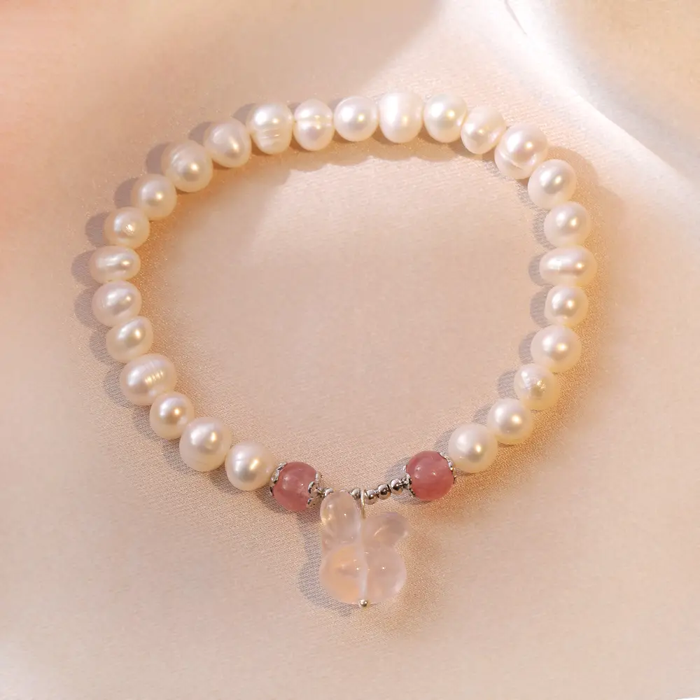 S925 Pearl Bracelet with Pink Crystal & Strawberry Accent - Image 3
