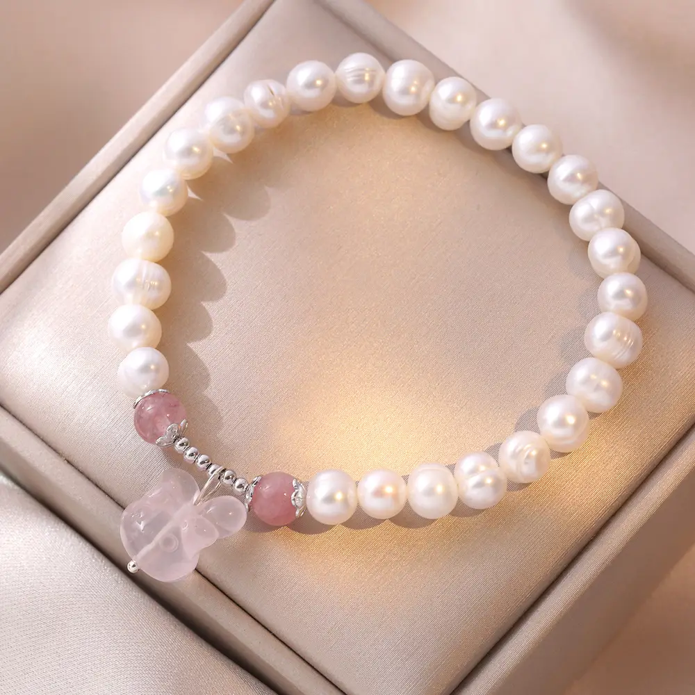 S925 Pearl Bracelet with Pink Crystal & Strawberry Accent - Image 4