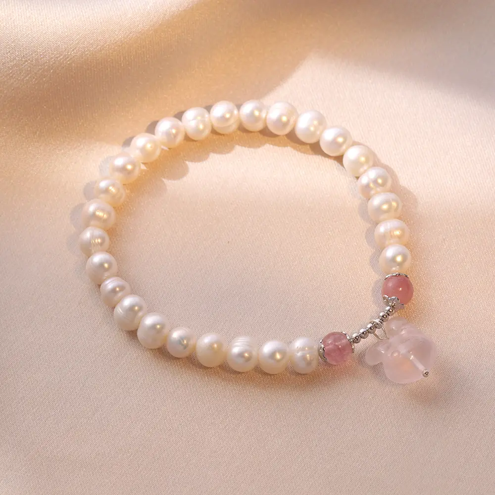 S925 Pearl Bracelet with Pink Crystal & Strawberry Accent - Image 5