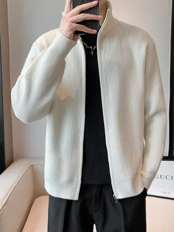 Men's 2023 Spring Sweater Cardigan Zipper Coat White