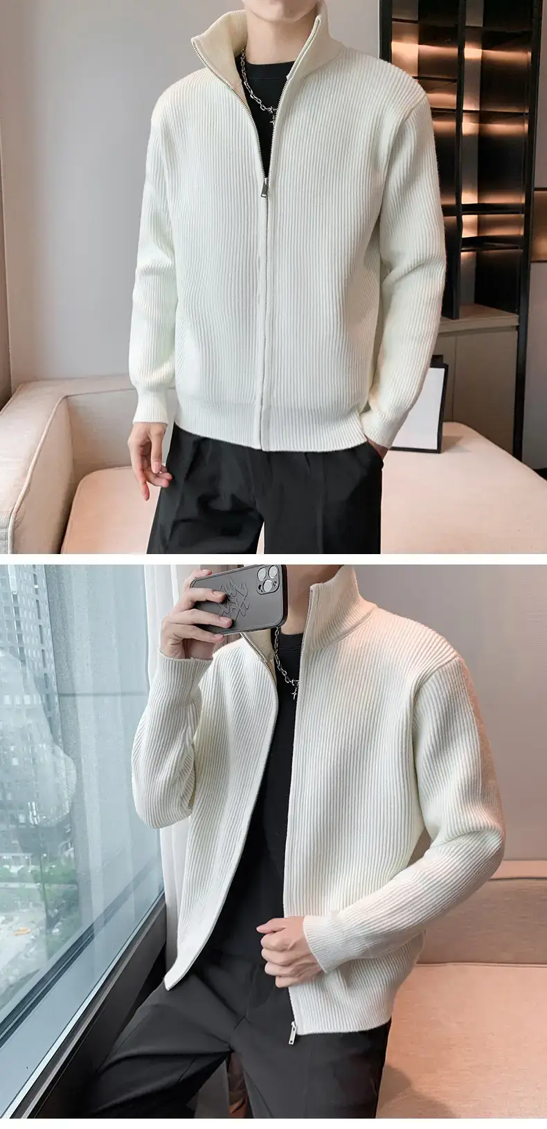 Men's 2023 Spring Sweater Cardigan Zipper Coat White — feature 10