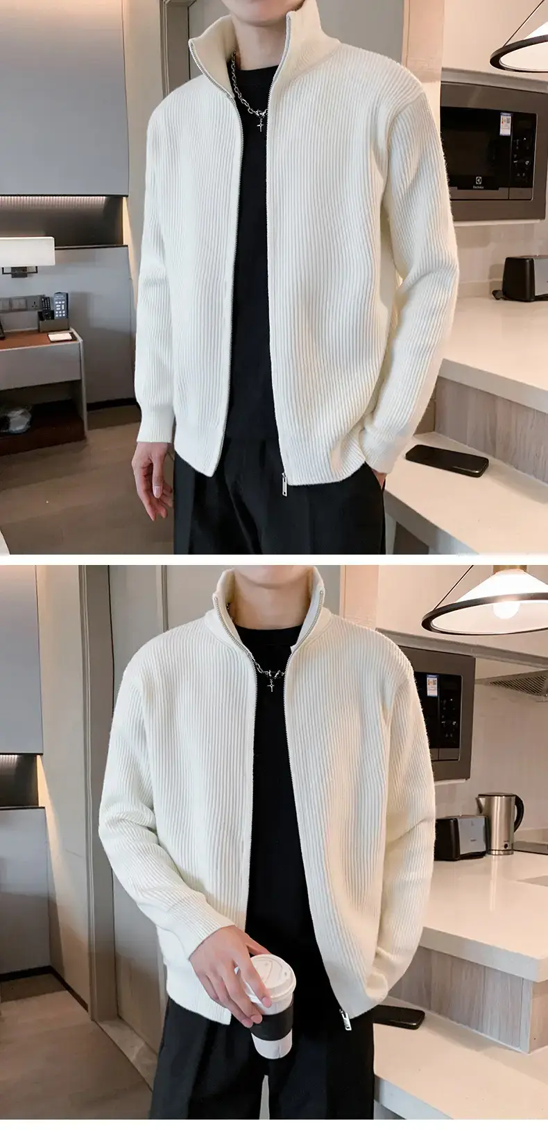 Men's 2023 Spring Sweater Cardigan Zipper Coat White — feature 11