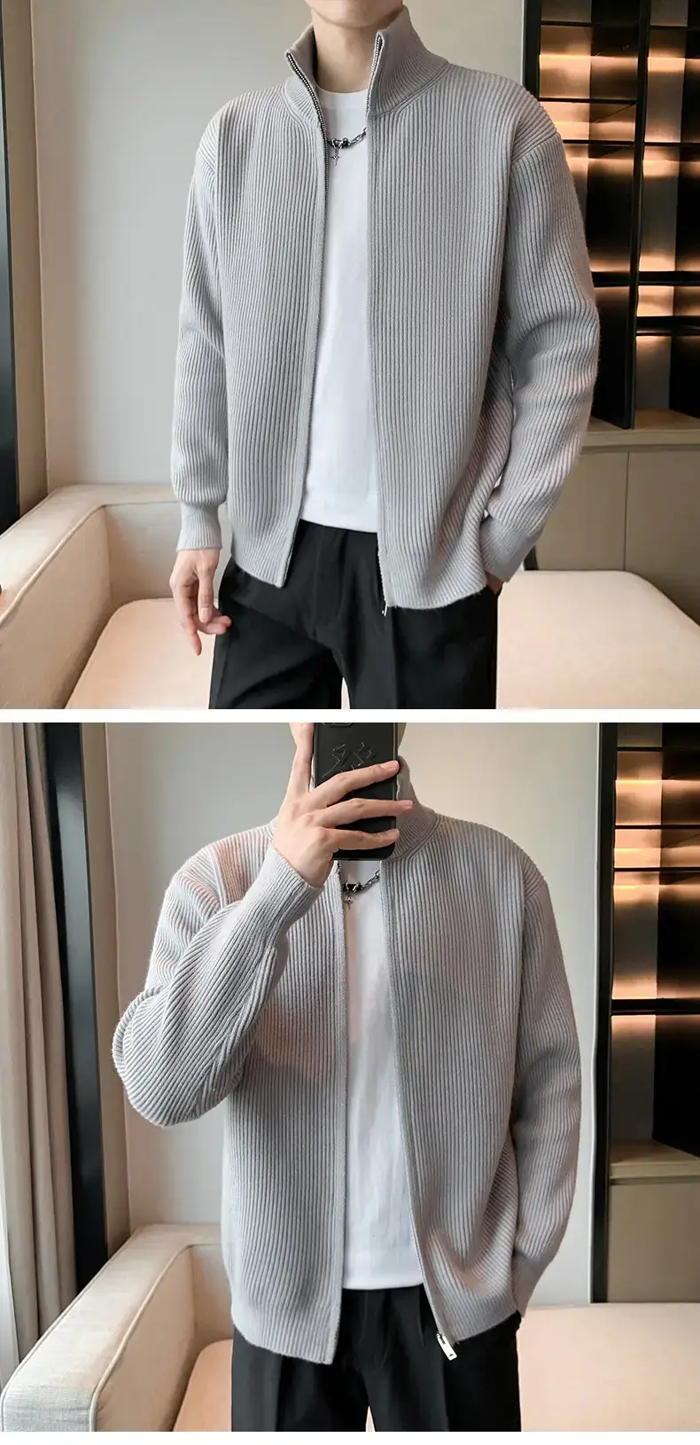 Men's 2023 Spring Sweater Cardigan Zipper Coat White — feature 12