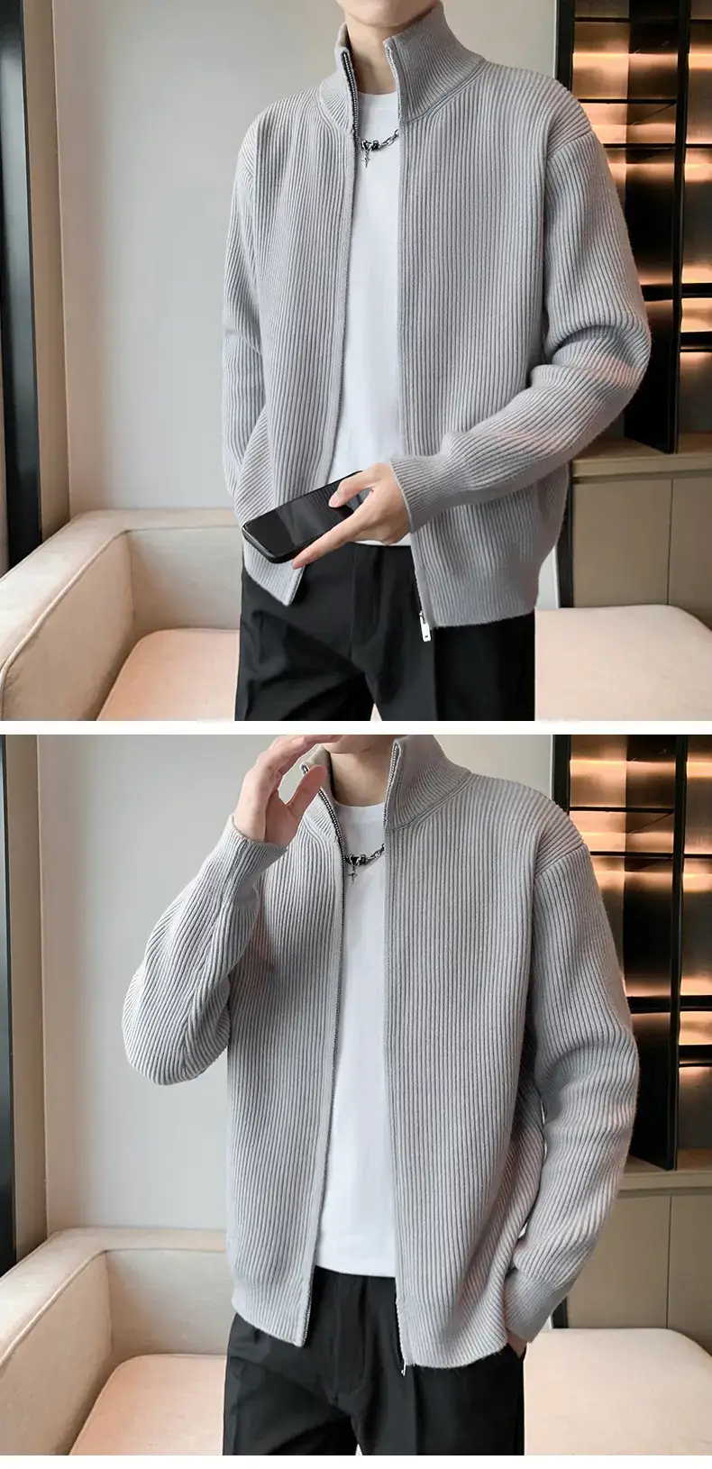 Men's 2023 Spring Sweater Cardigan Zipper Coat White — feature 13